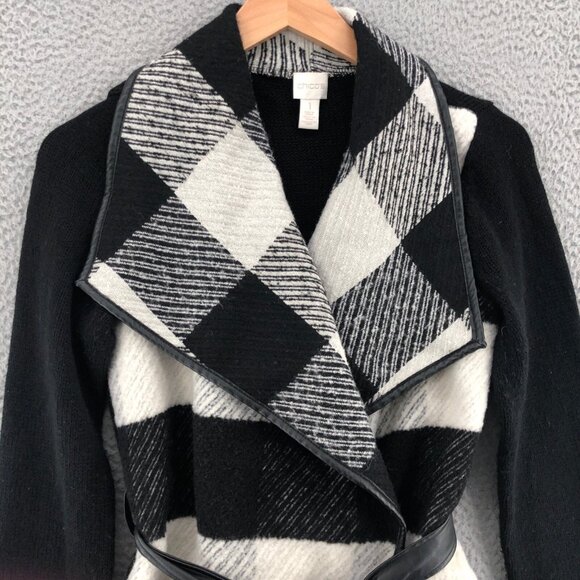 Chicos Sweater Women 1 US Medium Charlene Black Gingham Wool Blend Cardigan Belt - Picture 2 of 11